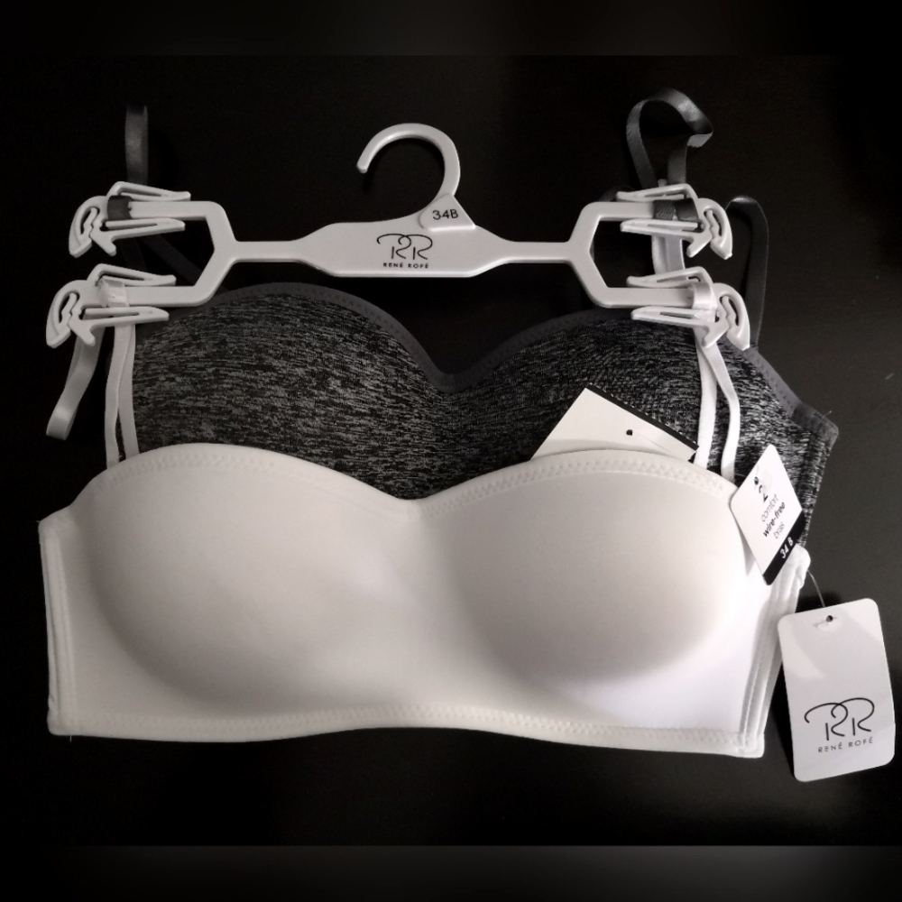 NWT 2 Rene Rofe Women's White and Gray Bras Comfort Wire Free 34B